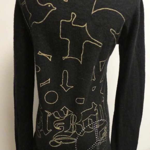 291 Venice black cashmere henley sweater graphics PEACE sign crystal sweater S - Picture 4 of 10